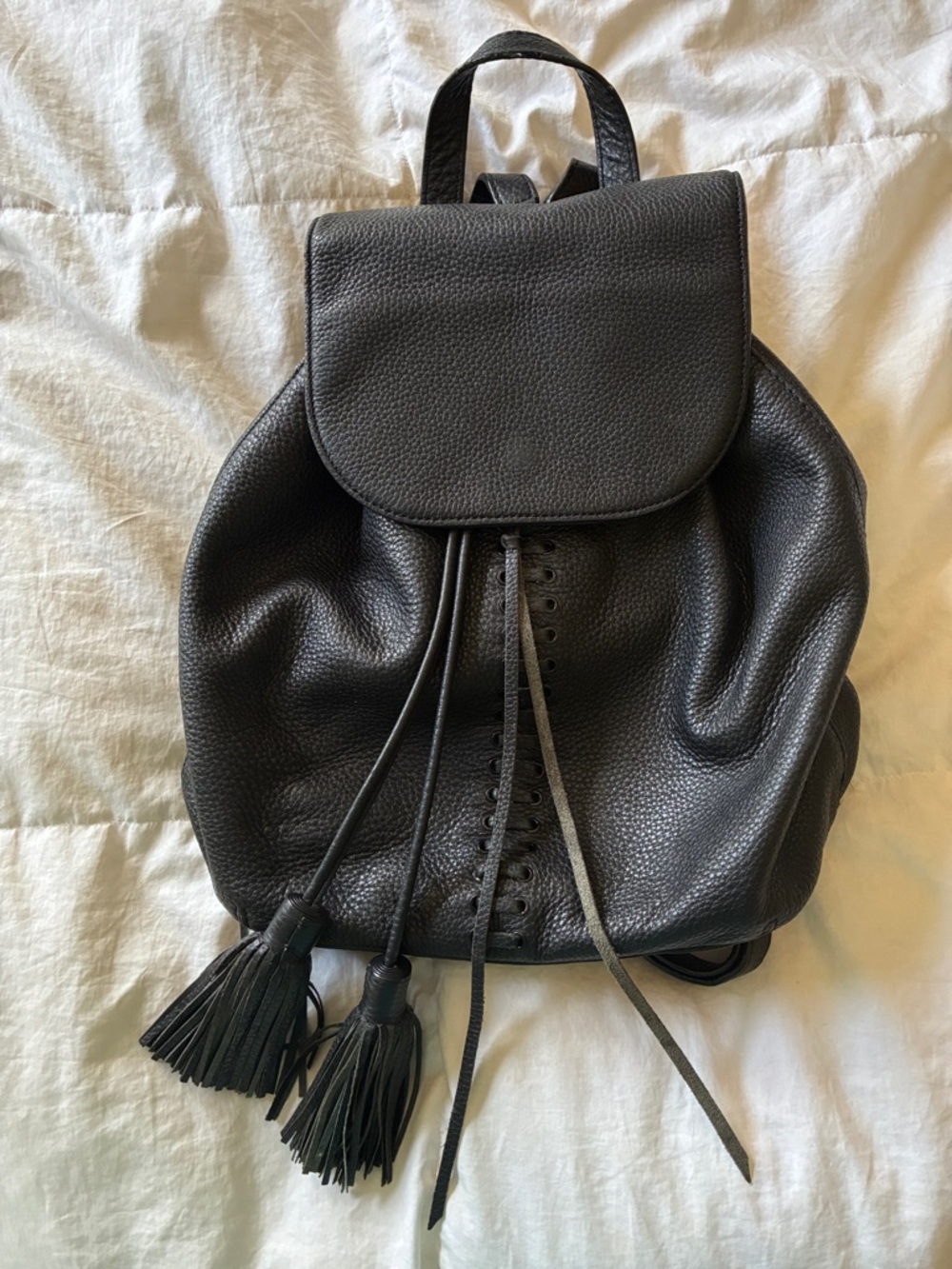 Rebecca Minkoff Black Leather Drawstring Backpack with Tassels